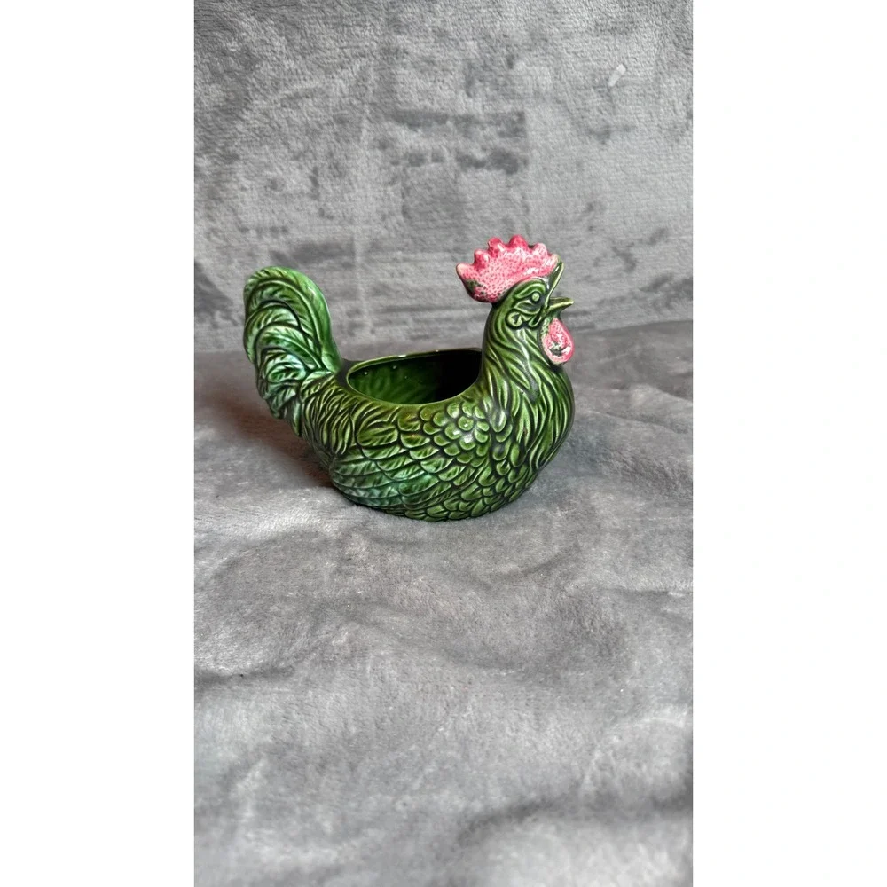 Vintage Rooster Planter Unisex OS Green Excellent Ceramic Majolica Figurine
